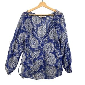 Rebecca‎ Taylor 100% Silk Sz 8 Long sleeve Blue Floral Top tunic shirt V-neck